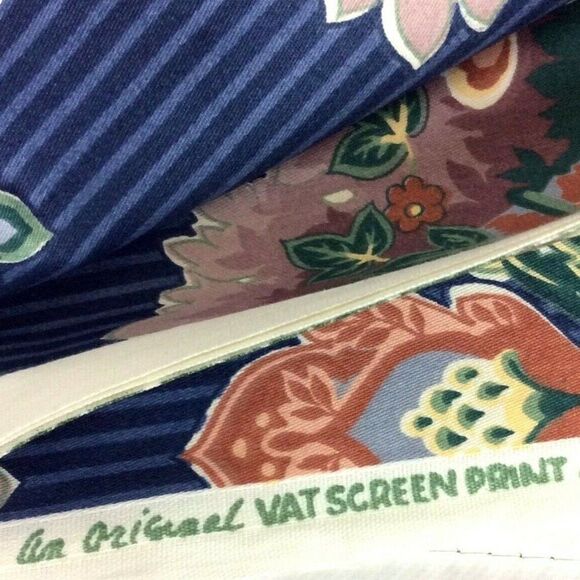 Kenmill Screen Print Fabric Remnant 54x97 Blue Striped Floral Cotton Blend 80s - Picture 5 of 7